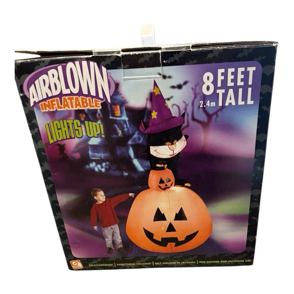 Rare 2006 Gemmy 8ft Halloween Inflatable Airblown Black Cat on‎ Pumpkin